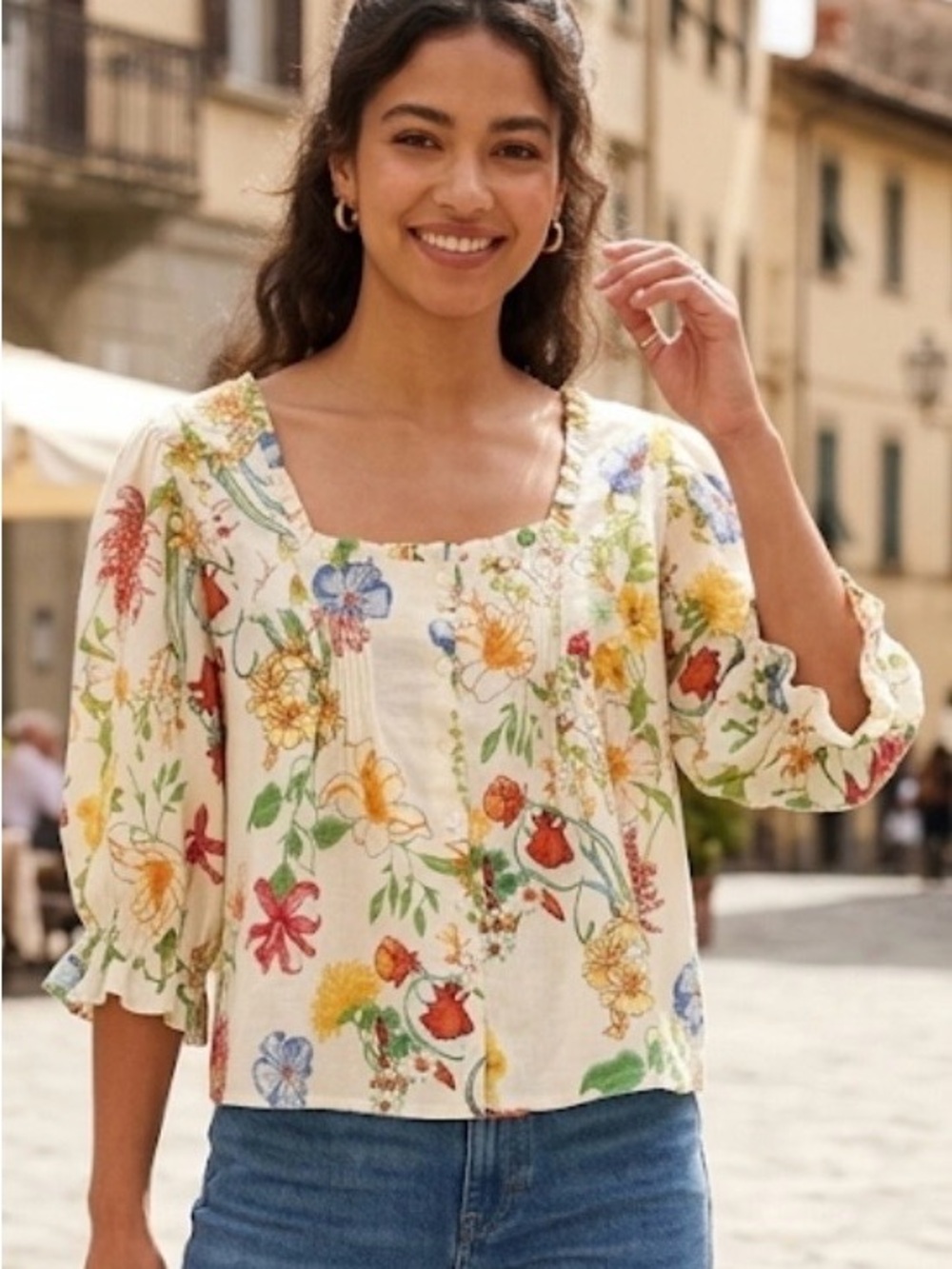 Laura Ashley NWT Floral Square Neck Top S Linen Blend